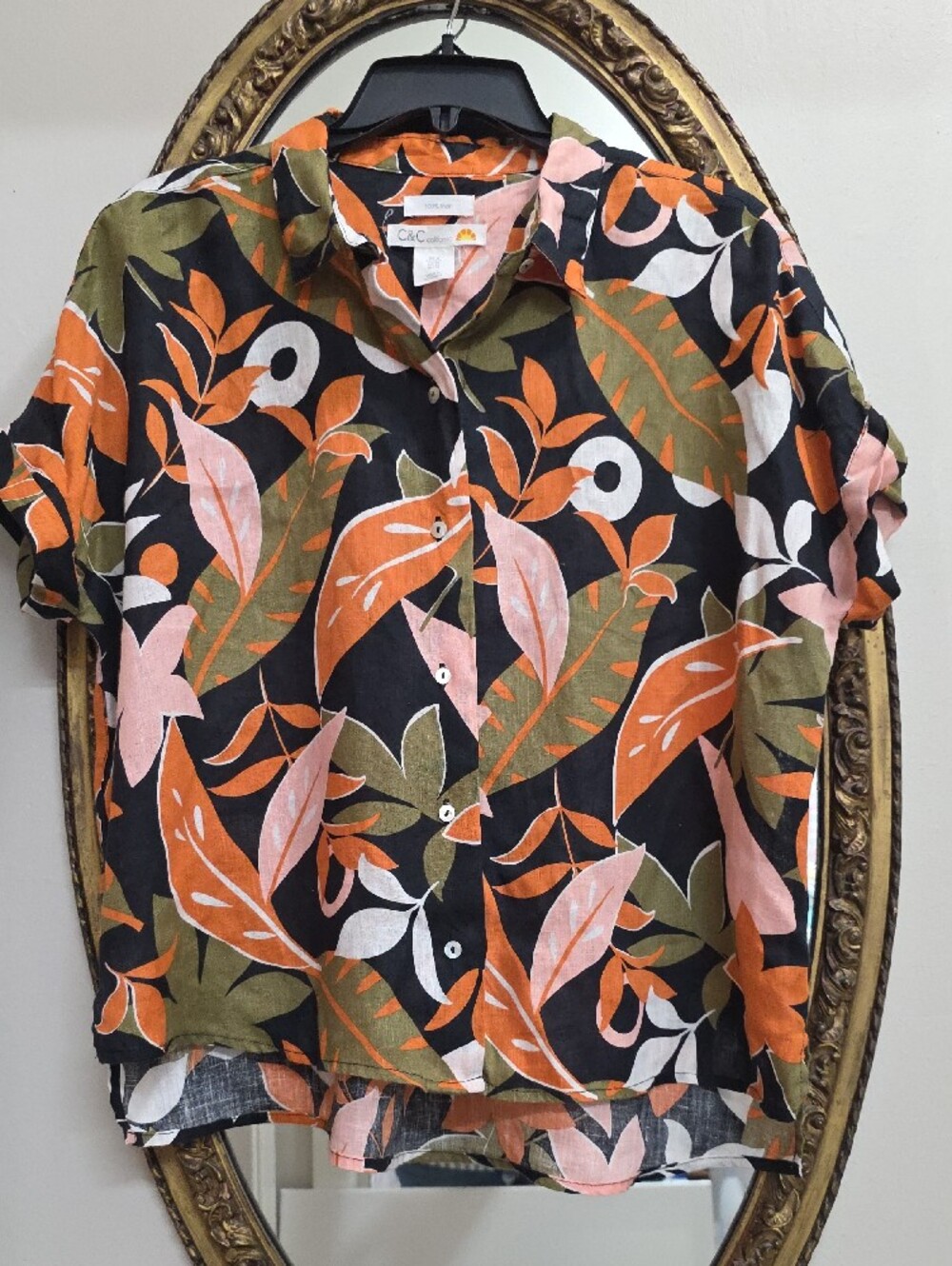 C & C California 100% Linen Orange Black Pink Top Size M Loose Firlt Beachwear